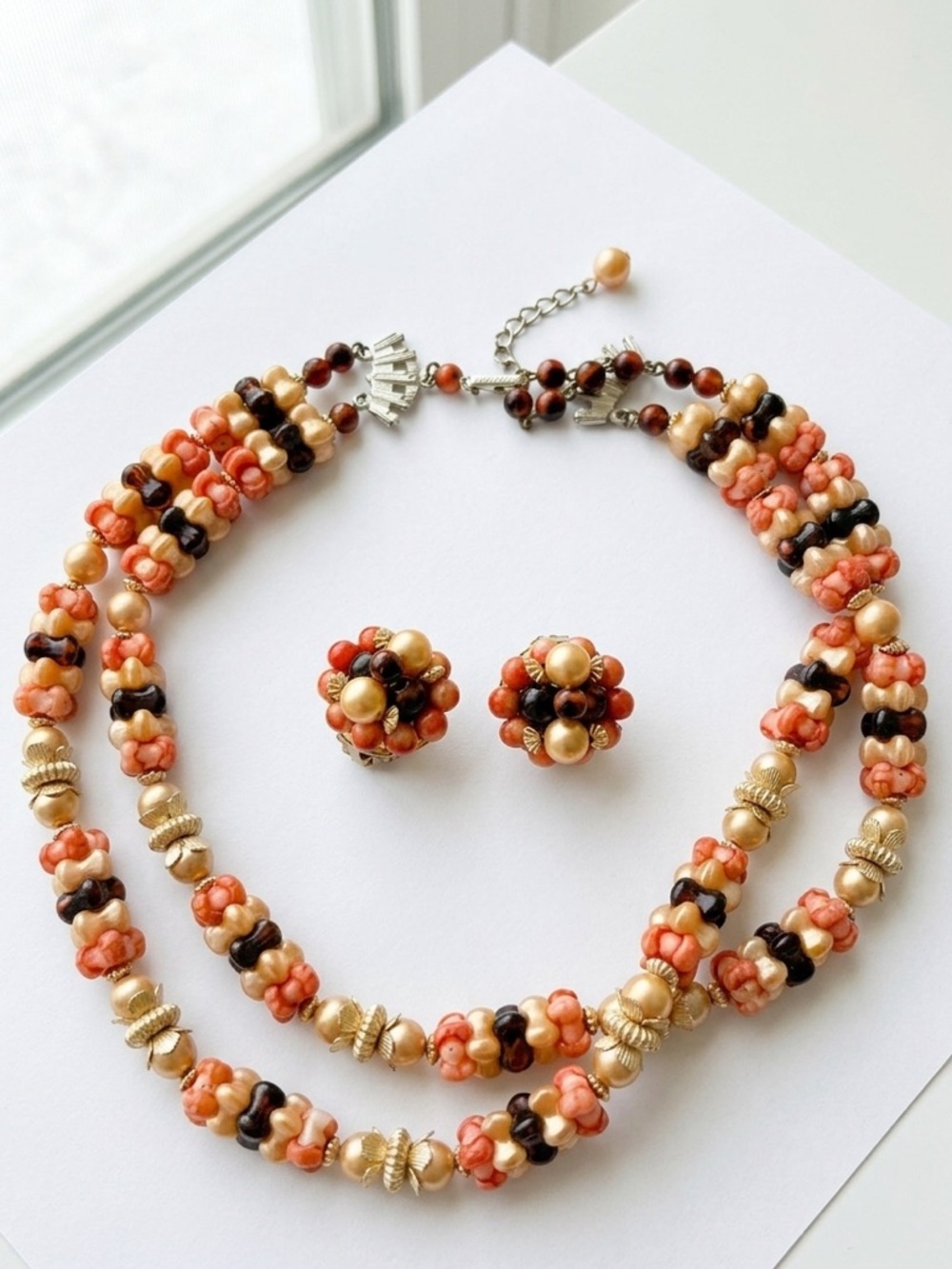 Vintage 3-Strand Beaded Statement Set - Cluster Earrings & Necklace - Picture 2 of 9